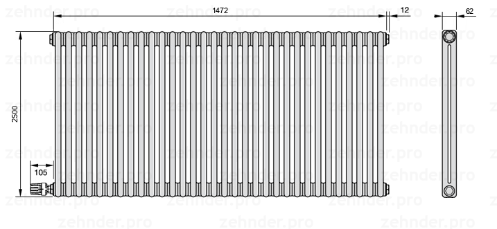 Схема (чертеж) Радиатор Zehnder Charleston 2250/32 №V004 Белый глянцевый RAL 9016